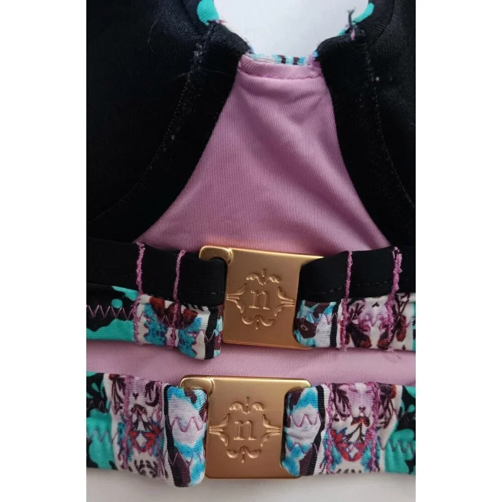 3/10 Nanette Lepore Boho Bikini Top Padded Black Pink Purple Teal Cut Outs $96 - Picture 3 of 8